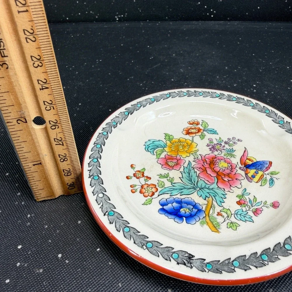 Copeland Late Spode Ashtray Floral Butterfly England Vintage 5 Inch Cream Red